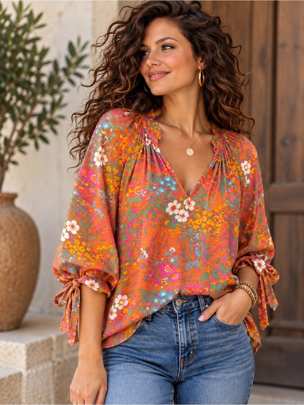 Cynthia Rowley Floral Blouse Large Orange Pink Boho Balloon Sleeve Tunic